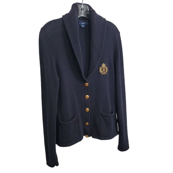 Chaps Sweaters - Chaps Womens Size L Cardigan Cotton Sweater Shawl Collar Gold Buttons Crest Navy